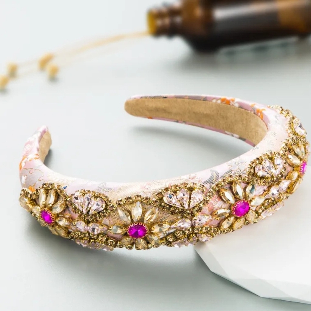 Headband Elegant Floral Embellished Pink Rhinestones